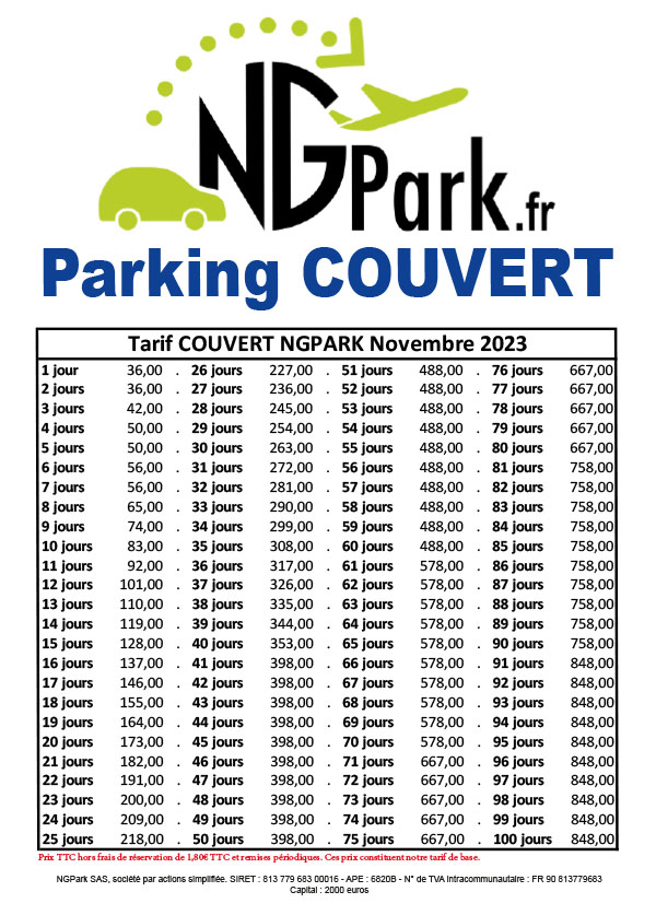 Tarif parking couvert NGPark Mai 2023
