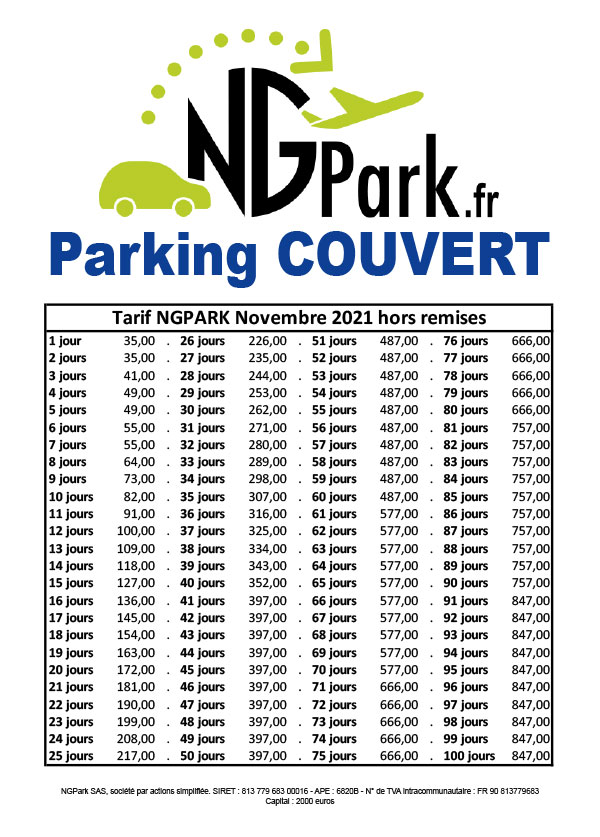 Tarif parking couvert NGPark novembre 2021