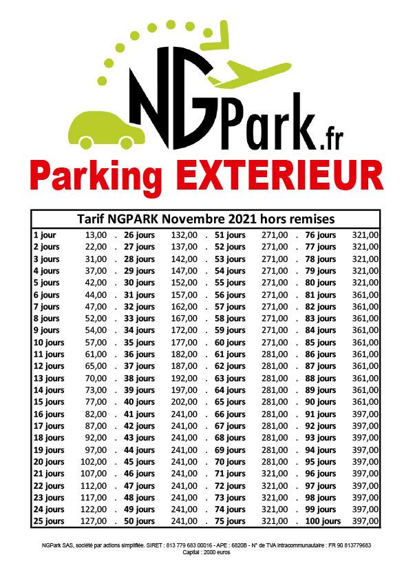 Tarif parking extérieur NGPark novembre 2021