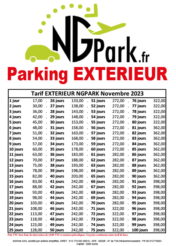 Tarif parking extérieur NGPark Mai 2023